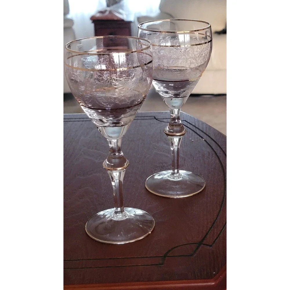 Vintage Crystal Wine Glasses Gold Etched & Banded Stemware Set/2